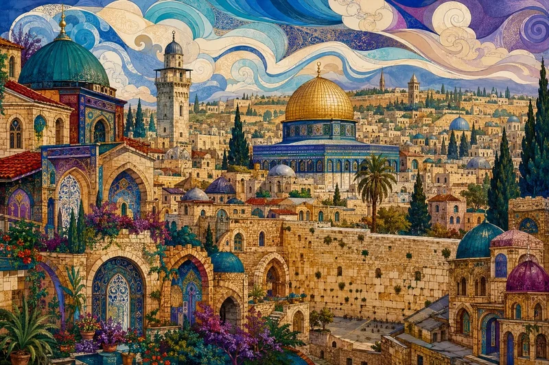 נוף עירוני עם כיפות, אדריכלות מורכבת וצבעים זהב וכחול