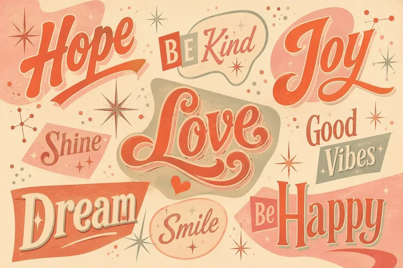 קולאז' של מילים כמו 'Hope', 'Love', 'Joy' בכתבי וינטג' בגווני אדום, ורוד ובז'.