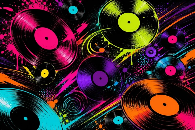 תקליטים ויניל בצבעים עזים כמו ורוד, צהוב, כחול וכתום על רקע שחור בסגנון אבסטרקטי