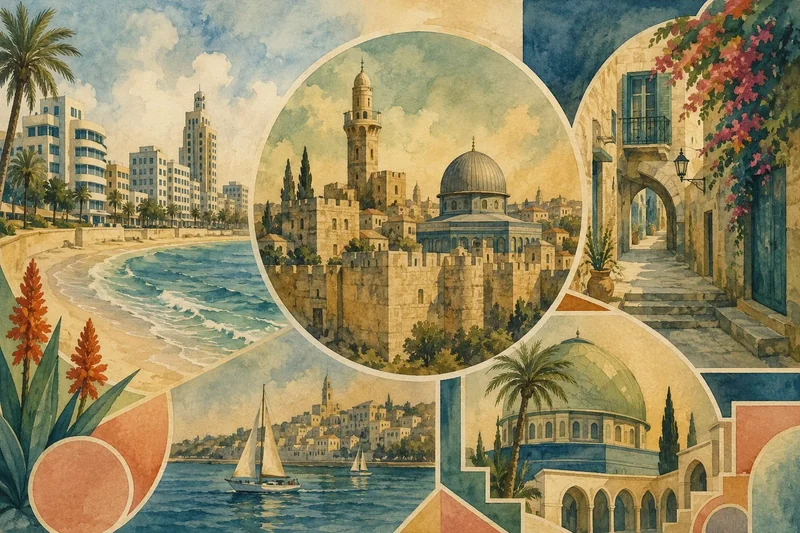 קולאז' של נופים ים תיכוניים עם חוף ים, מבנים וסירות, בצבעי מים כחול, בז' וירוק.