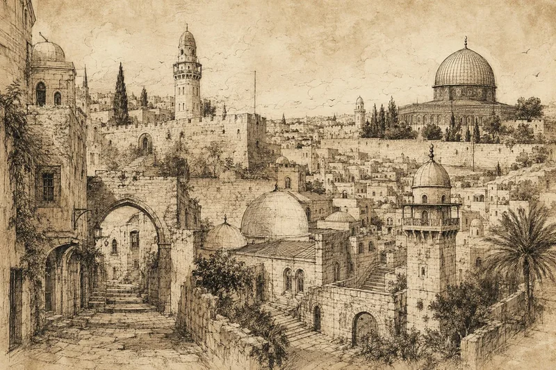 נוף עירוני עתיק עם כיפות, בצבעי ספיה, בסגנון סקיצה מפורט