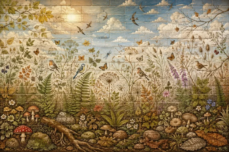 סצנה טבעית עם ציפורים, פרפרים וצמחים בצבעים ירוק, חום וכחול