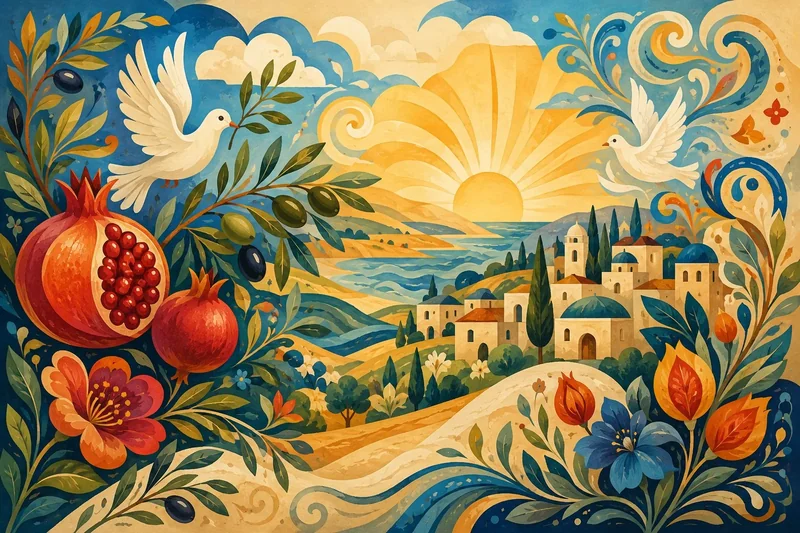 נוף ים תיכוני עם יונים, רימונים וכפר בצבעים כחול, כתום וירוק.