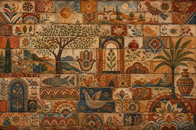 אריחים דקורטיביים עם עצים, ציפורים ודגים בגוונים אדמתיים של כתום, כחול וירוק, בסגנון מצויר בעבודת יד.