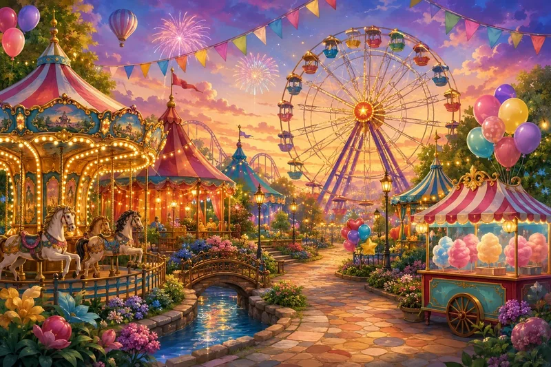 פארק שעשועים עם קרוסלה, גלגל ענק ואוהלים בצבעי ורוד, כחול וזהב