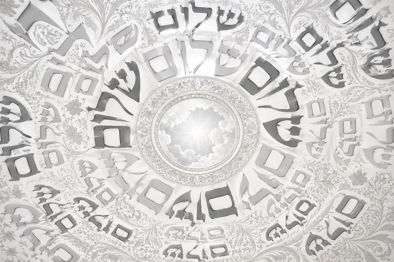 אותיות עבריות מסודרות במעגל עם עננים וקרני אור, בצבעים לבן ואפור, בסגנון מפורט ומעודן.