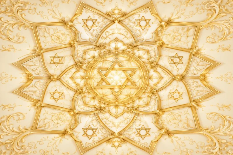 מוטיב מגן דוד בזהב עם אלמנטים פרחוניים בגווני זהב וקרם