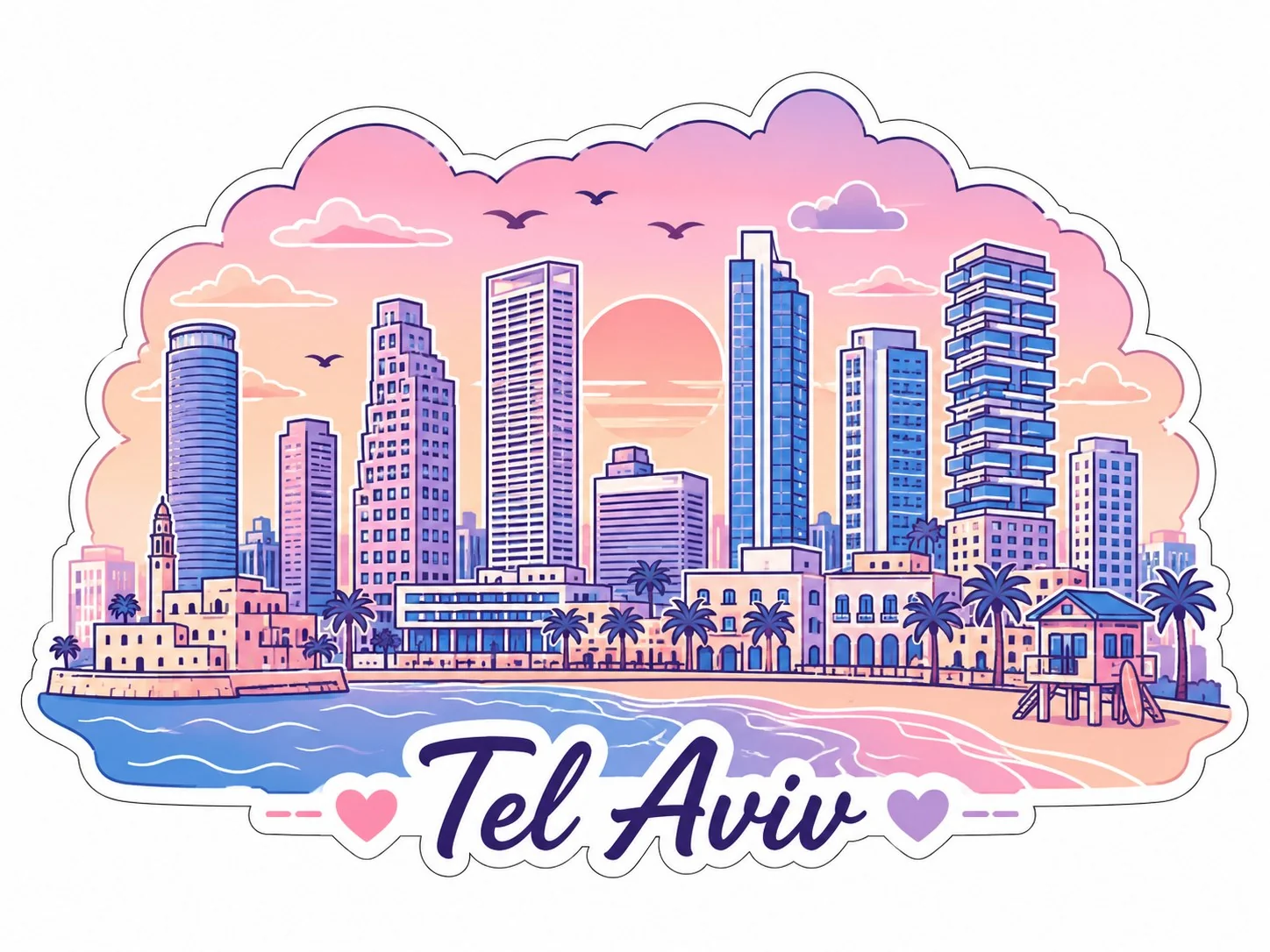 מדבקה עם קו רקיע של תל אביב, גורדי שחקים ודקלים בצבעים ורוד, סגול וכחול