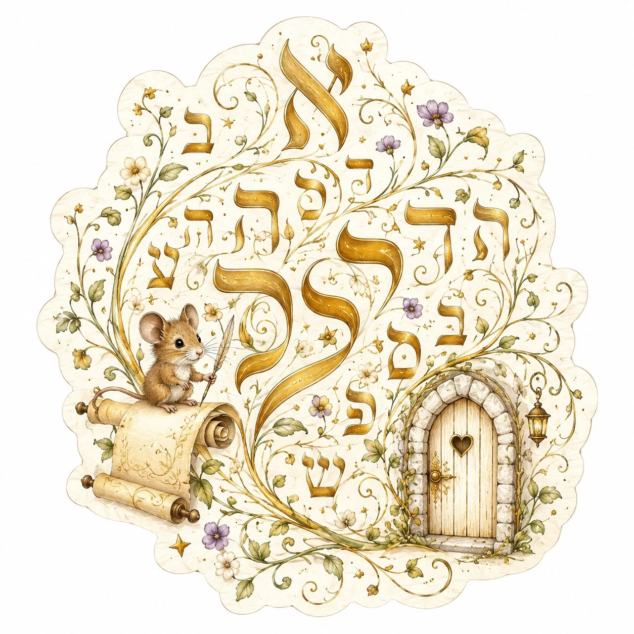 עכבר קטן על מגילה עם כתב עברי מוקף בגפנים פרחוניים, בצבעי זהב, קרם ופסטל.