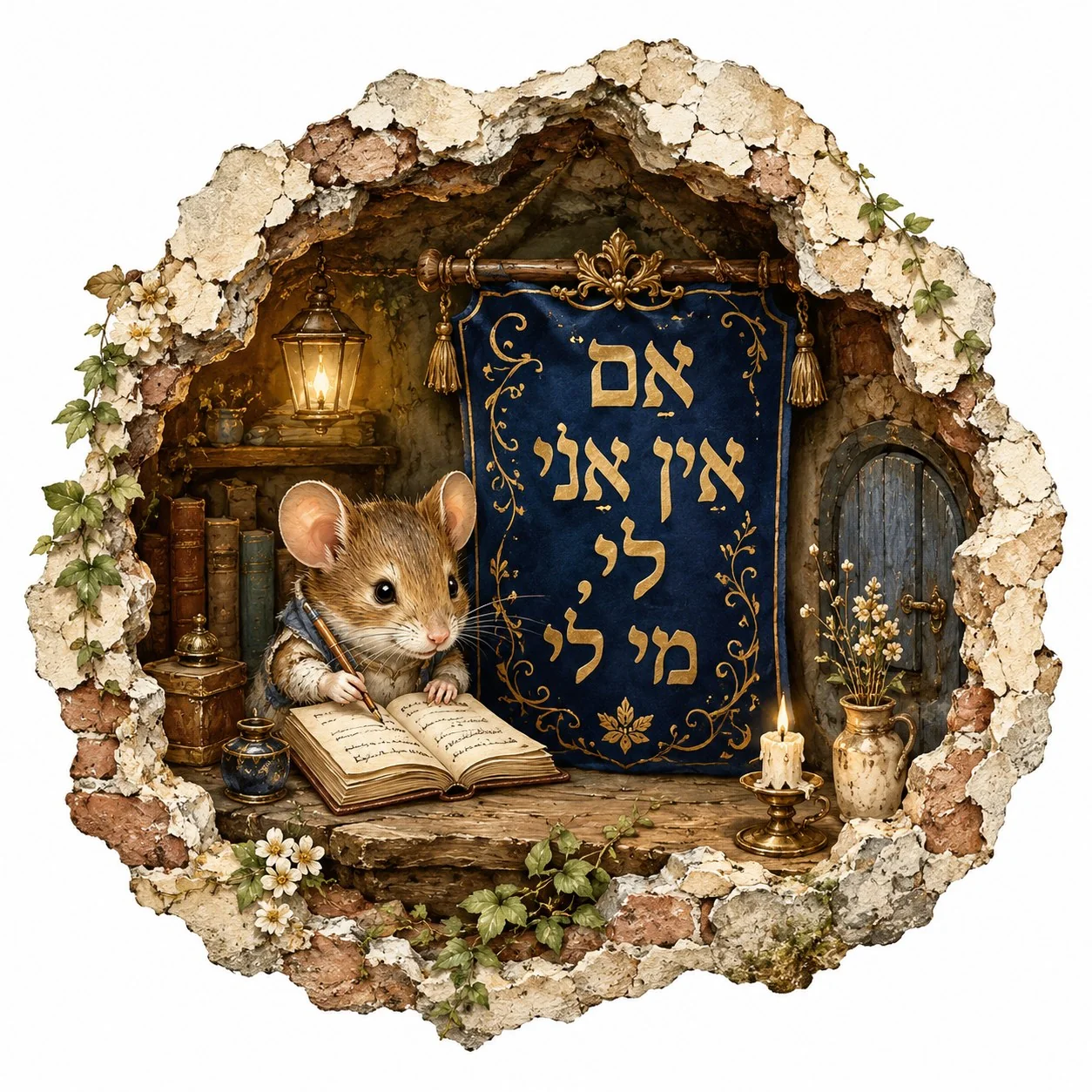 עכבר קורא ספר בפינה חמימה, מואר בפנס, עם דגל כחול וזהב. צבעים חומים, כחולים וזהובים.
