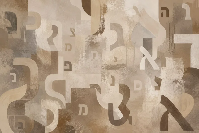 אותיות עבריות מופשטות בגווני חום, בז' וקרם, בסגנון קולאז' עם מרקם עשיר.