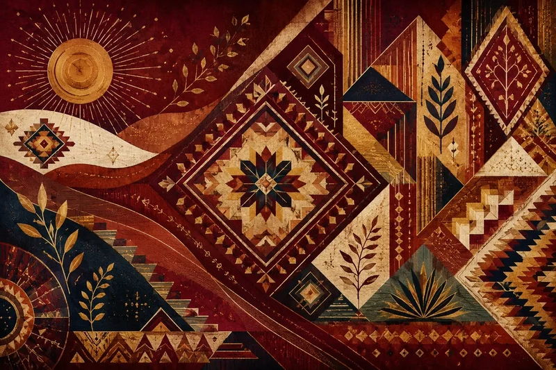 עיצוב של צורות גיאומטריות עם מוטיבים בוטניים בצבעים אדום, חום וזהב