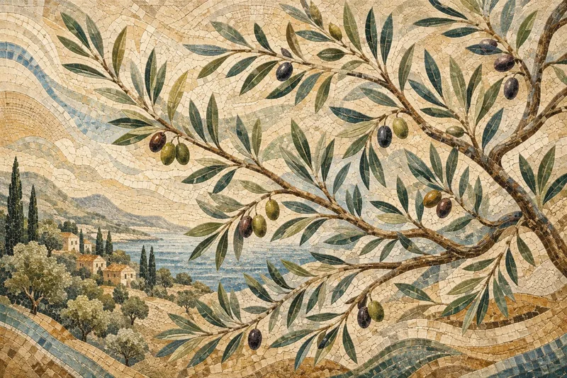 ענף עץ זית עם זיתים ירוקים ושחורים בנוף גבעות, ברושים וים, בטכניקת מוזאיקה