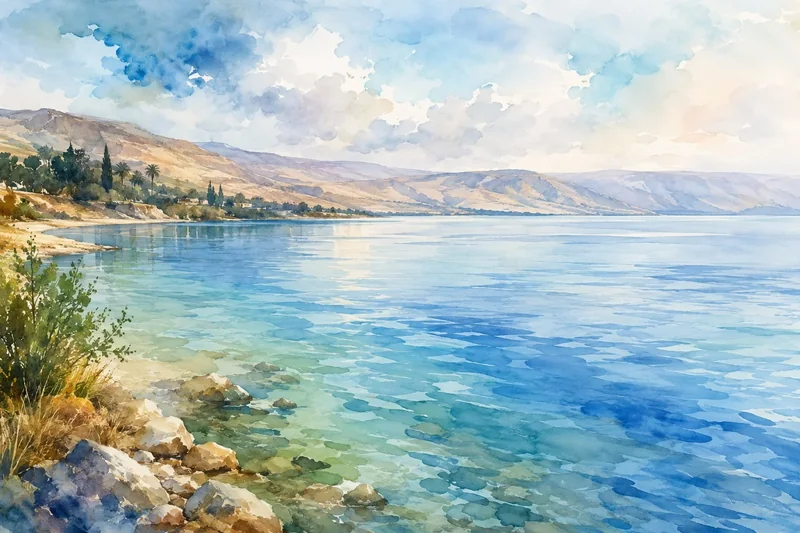 נוף חופי בצבעי מים עם חוף סלעי, מים כחולים וגבעות רחוקות תחת שמים מעוננים חלקית.