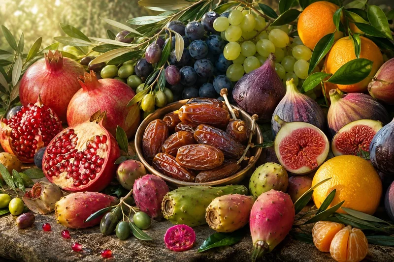 פירות מגוונים כמו רימונים, ענבים ותאנים בצבעים אדום, סגול, ירוק וכתום על טפט