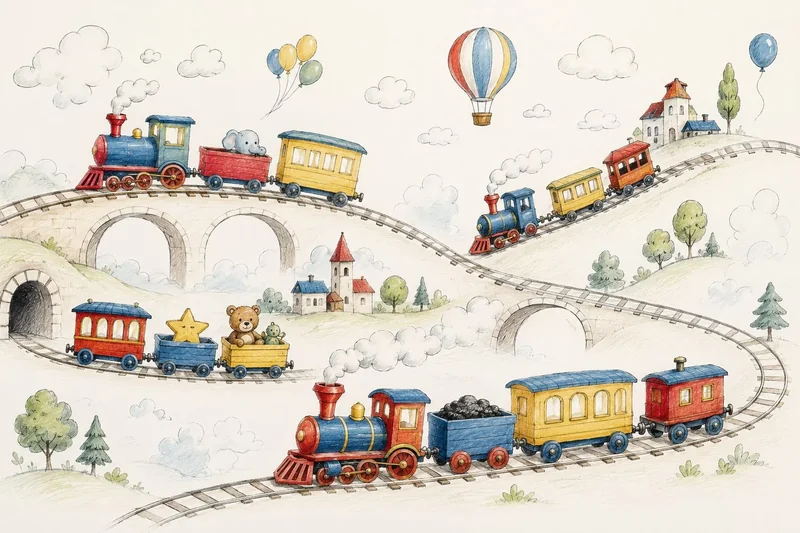 רכבת צעצוע צבעונית בנוף גבעי, צבעים אדום, כחול וצהוב בעיצוב מאויר