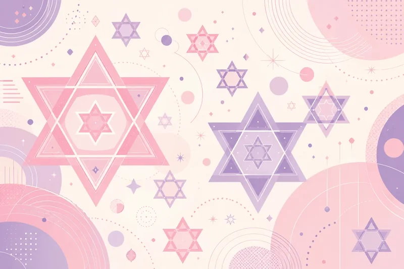 כוכבים בני שש נקודות בגוונים ורודים וסגולים על רקע צורות גאומטריות