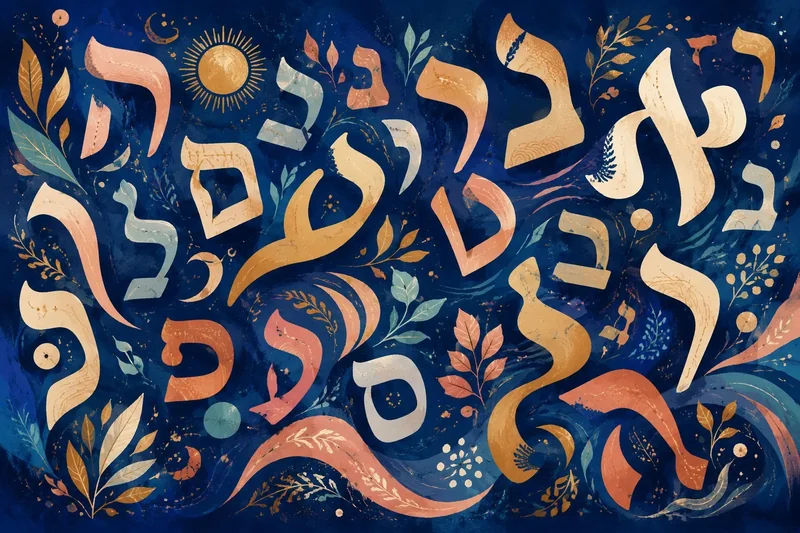אותיות עבריות מעוצבות בין עלים דקורטיביים ואלמנטים שמימיים בגווני כחול, זהב ואפרסק