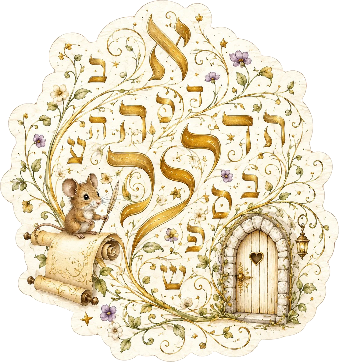 מדבקה צבעונית עם עכבר וכתב עברי