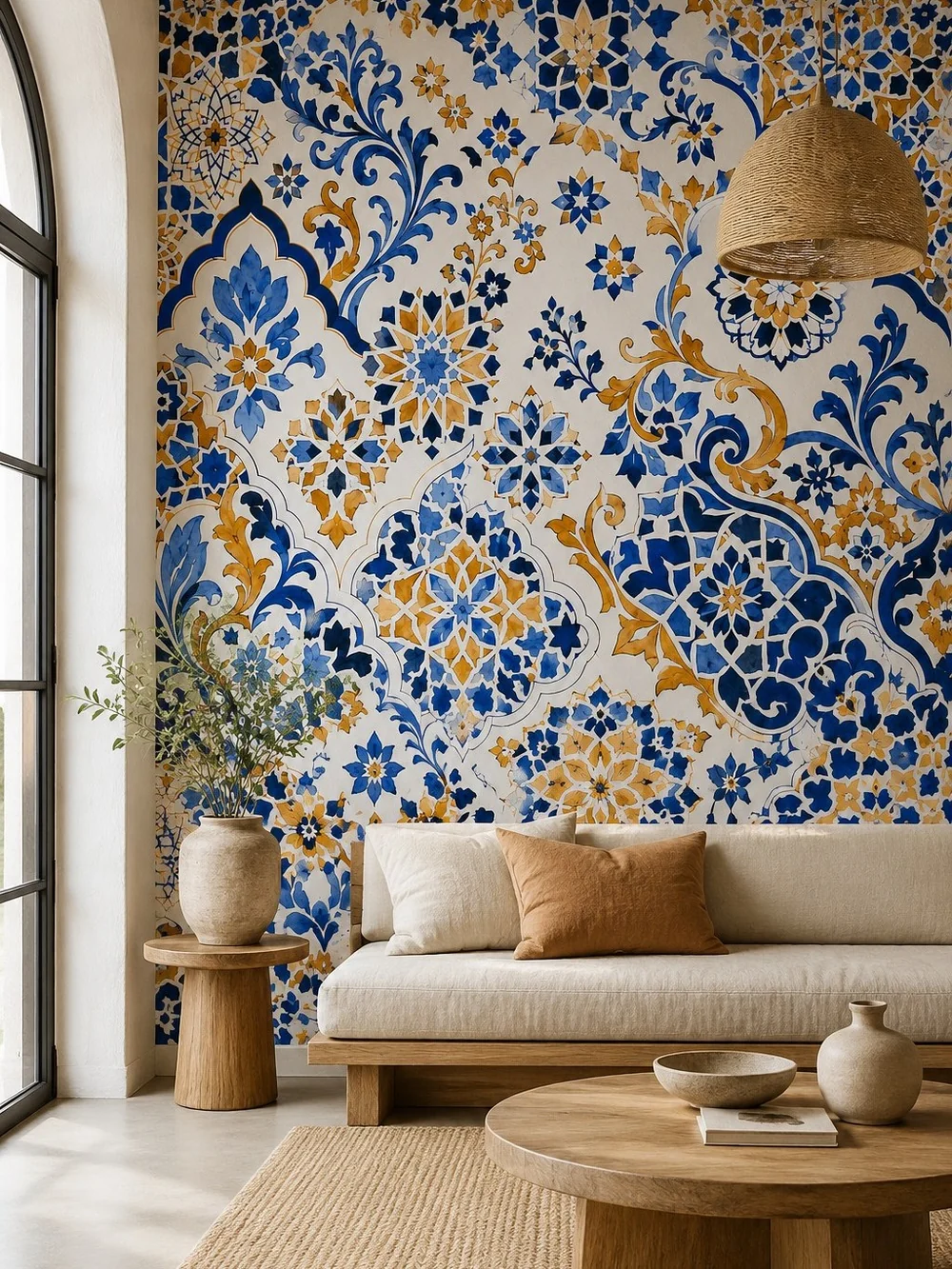 טפט מרוקאי מסורתי על קיר בחדר מגורים עם ספה אפורה ושולחן זכוכית מודרני.