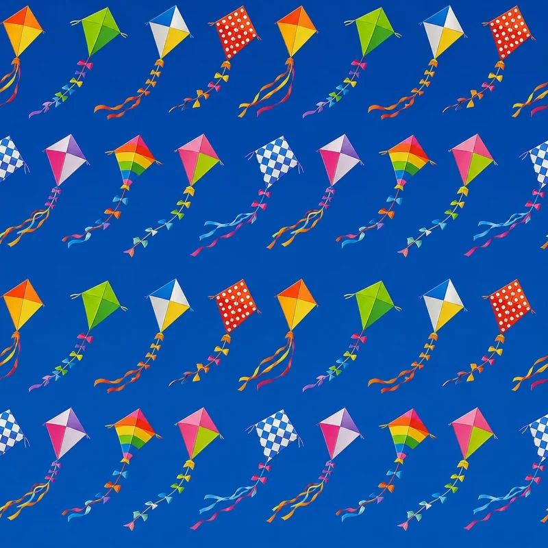 עפיפונים צבעוניים עם דפוסים מגוונים על רקע כחול בהיר, זנבות רב-גוניים