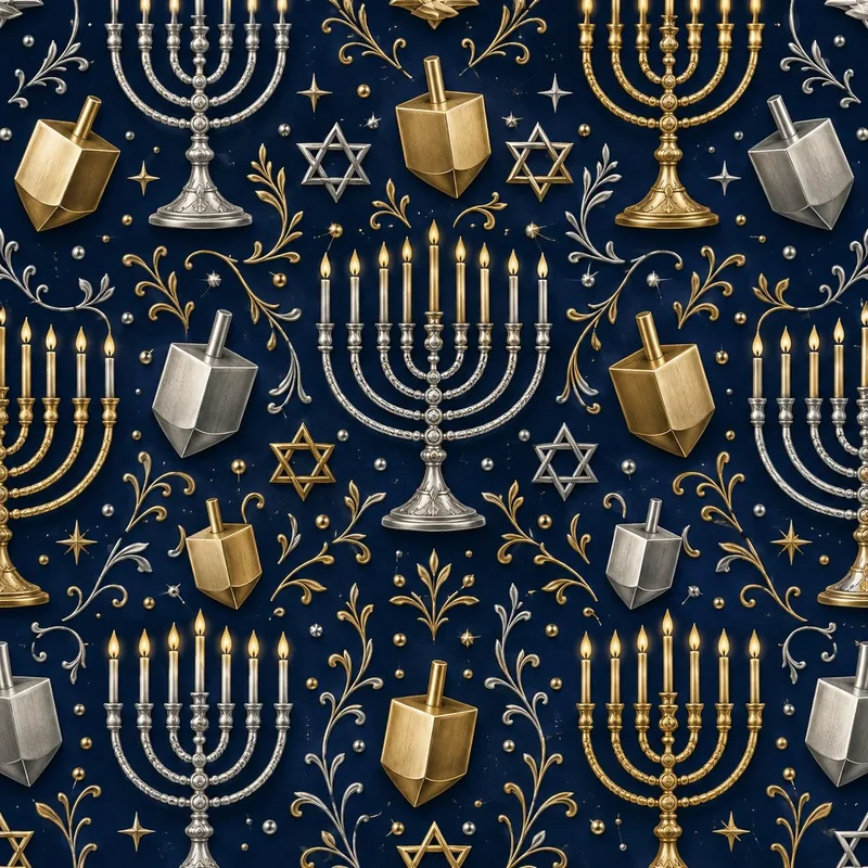 מנורות חנוכה, סביבונים וכוכבי דוד בצבעי כסף וזהב על רקע כחול כהה, סגנון עשיר ומורכב.