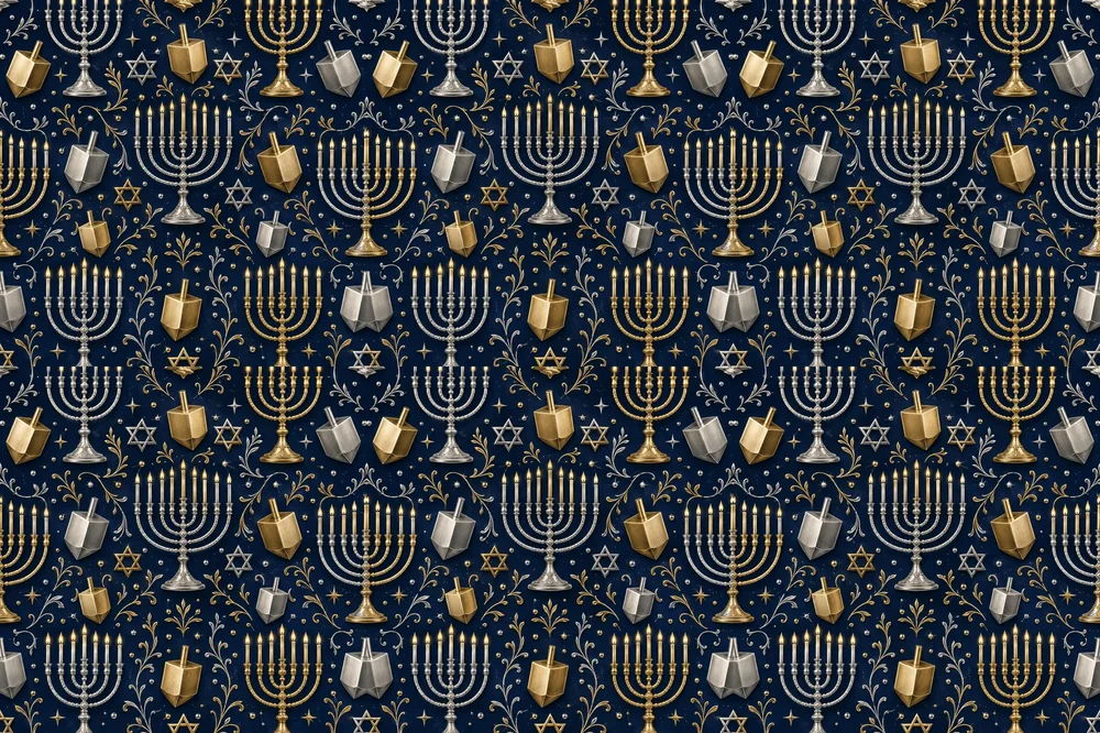 מנורות חנוכה, סביבונים וכוכבי דוד בצבעי כסף וזהב על רקע כחול כהה, סגנון עשיר ומורכב.