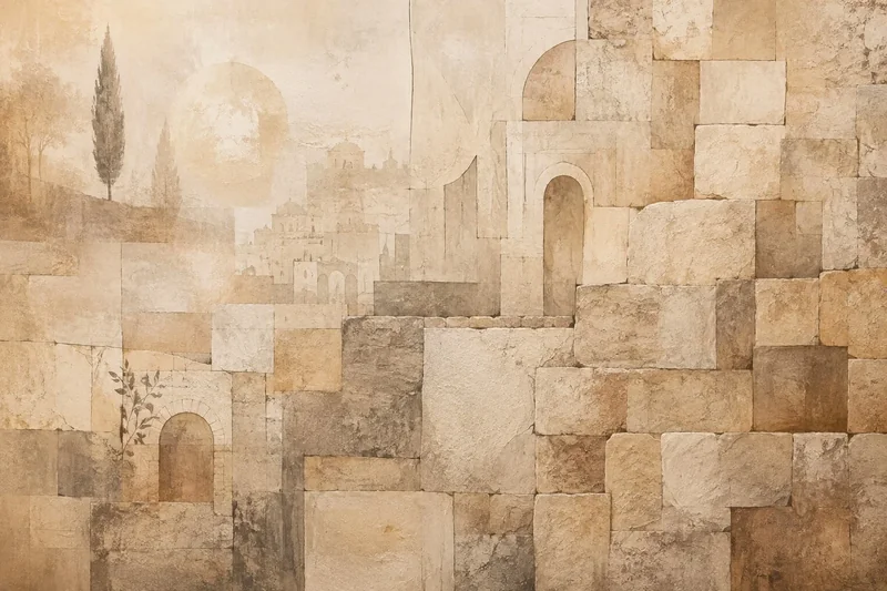 טפט עם צורות ארכיטקטוניות אבסטרקטיות בצבעי בז', קרם וחום בהיר, עם קשתות ובלוקים מרקמיים.