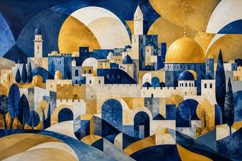 נוף עירוני מופשט עם צורות גיאומטריות בגווני כחול, זהב ולבן