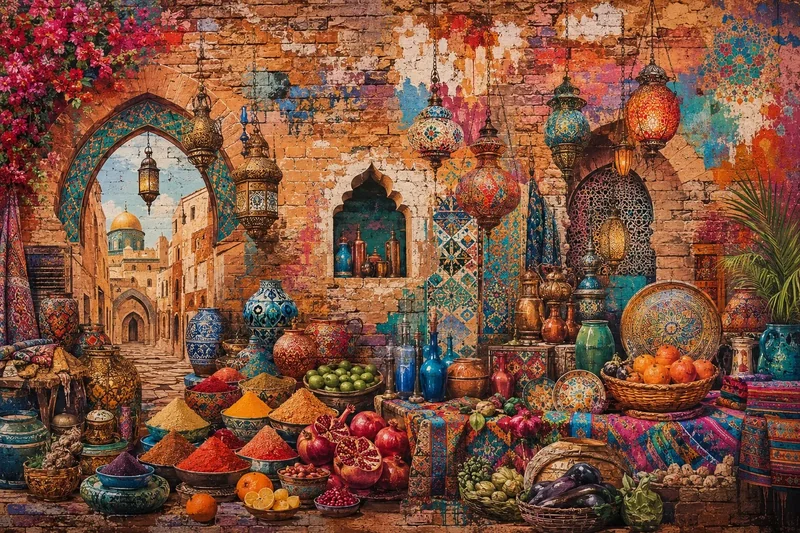 שוק מזרח תיכוני עם תבלינים, פירות ופנסים בצבעים עשירים
