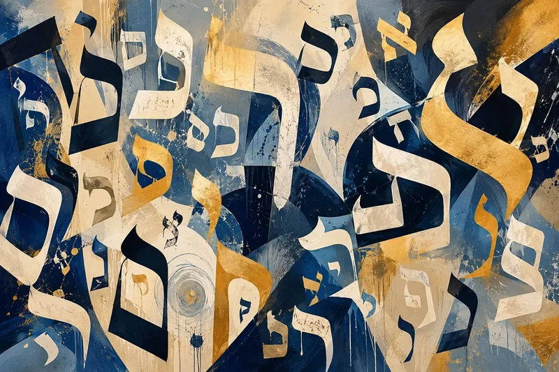 אותיות עבריות מופשטות בצבעי כחול, זהב ולבן, במבנה דינמי ומרקם עשיר