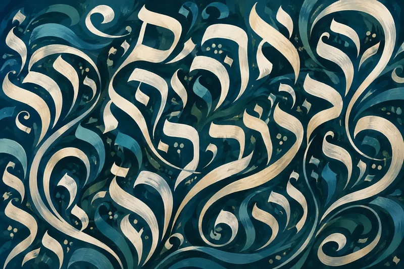 קליגרפיה מופשטת בגווני כחול וקרם, קווים מתפתלים בעדינות.