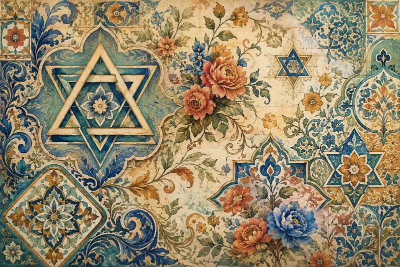 מוטיבים פרחוניים משולבים עם דוגמאות כוכבים גיאומטריים בצבעים כחול וטורקיז