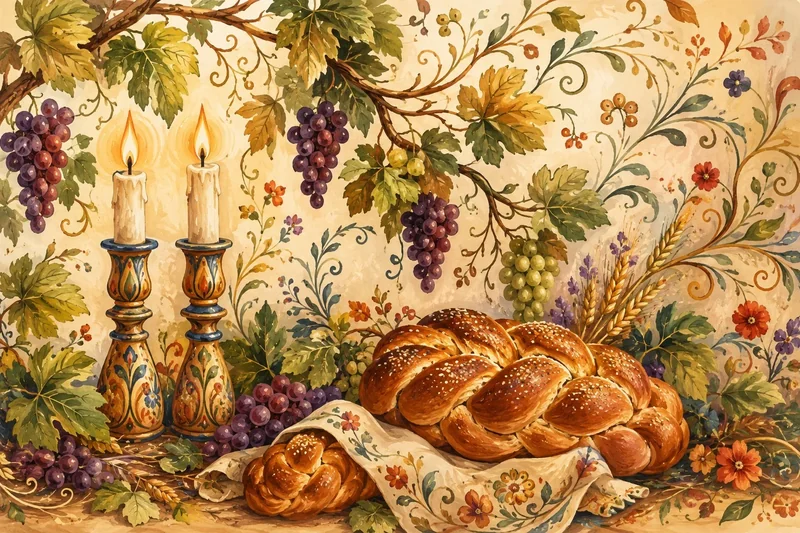 נרות דולקים על מחזיקים מעוטרים, גפנים ירוקים וסגולים, לחם קלוע בצבעים חמים