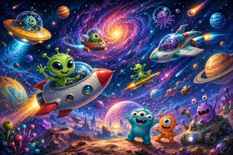 חייזרים מצוירים בצבעים בוהקים בחלל על רקע קוסמי תוסס עם ירוקים, סגולים וכחולים.