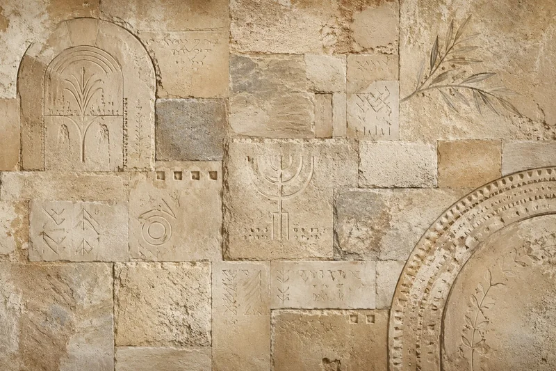 טפט דמוי אריחי אבן עם חריטות עבריות עתיקות בגווני חום ואפור
