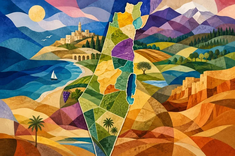 נוף אבסטרקטי עם שכבת מפה צבעונית, בגוונים של כחול, ירוק וגווני אדמה, בסגנון גיאומטרי.