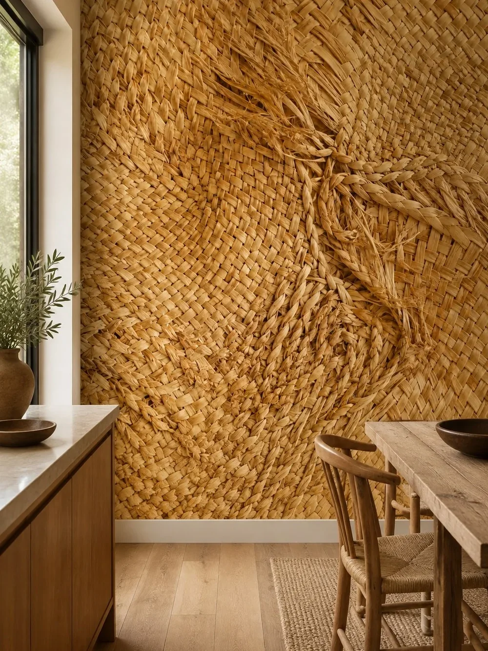 דוגמת אריג קש עם קליעה מורכבת, בגוון בז' טבעי וטקסטורה עשירה