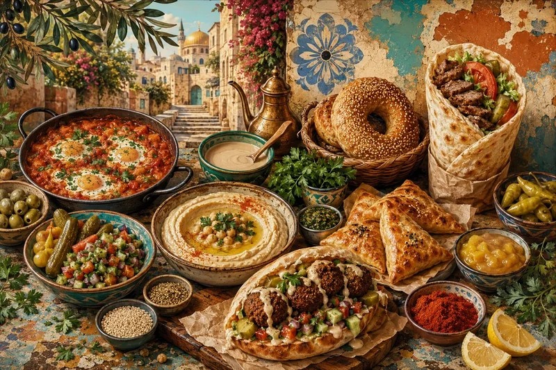 מנות מזרח תיכוניות בעיצוב ריאליסטי עם חומוס, פלאפל, שקשוקה ופיתה בגוונים אדמתיים ואדומים.