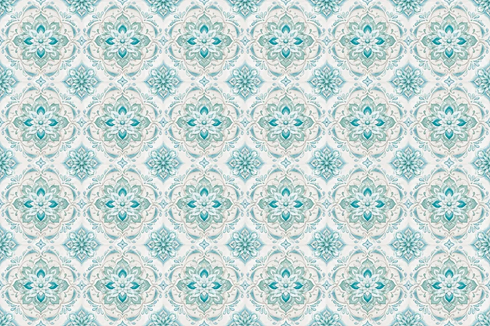 דוגמת מנדלה פרחונית עם פרטים מורכבים, בצבעי תכלת, לבן ובז' בהיר
