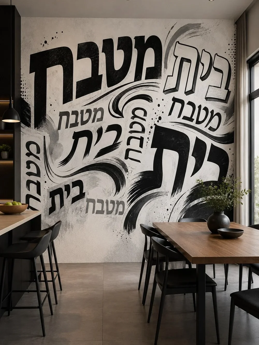 טפט קליגרפיה עברית בשחור ולבן על קיר בחדר עבודה עם שולחן עץ וכיסאות מודרניים.