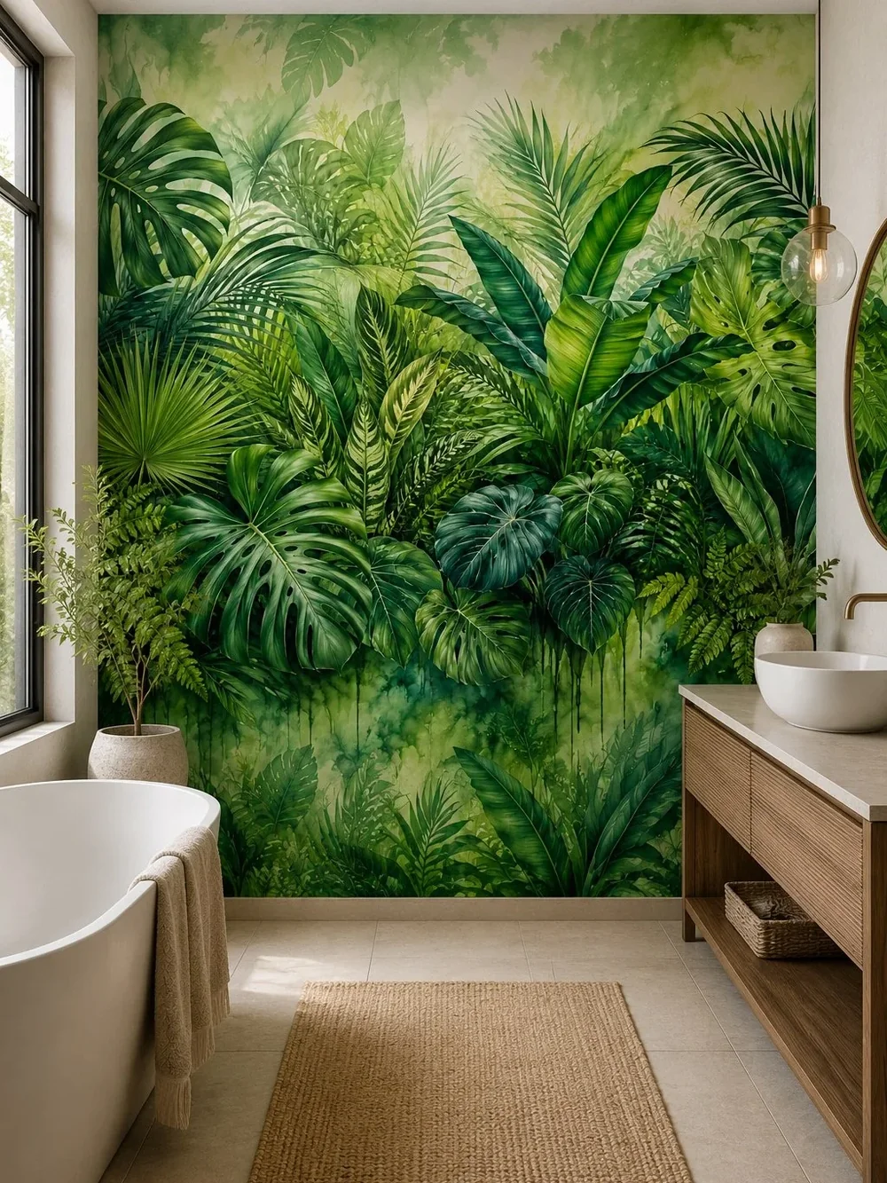 דוגמת עלים טרופיים בצבעי ירוק, בטקסטורה מציאותית ועשירה בפרטים.