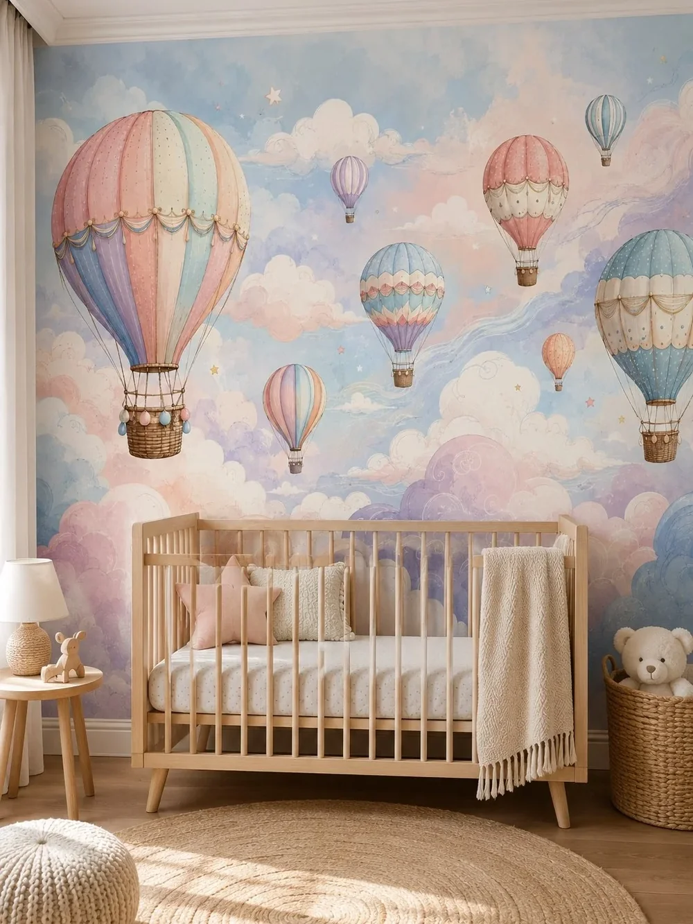 טפט כדורים פורחים בצבעי פסטל על קיר בחדר שינה עם מיטה בהירה ותאורה רכה