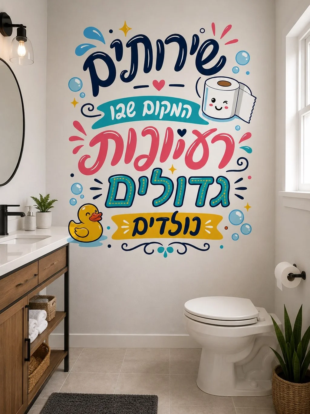 מדבקה על קיר באמבטיה עם כיור לבן ומראה מוארת, מציגה גליל נייר טואלט מחייך וברווז גומי בצבעים כחול וצהוב.