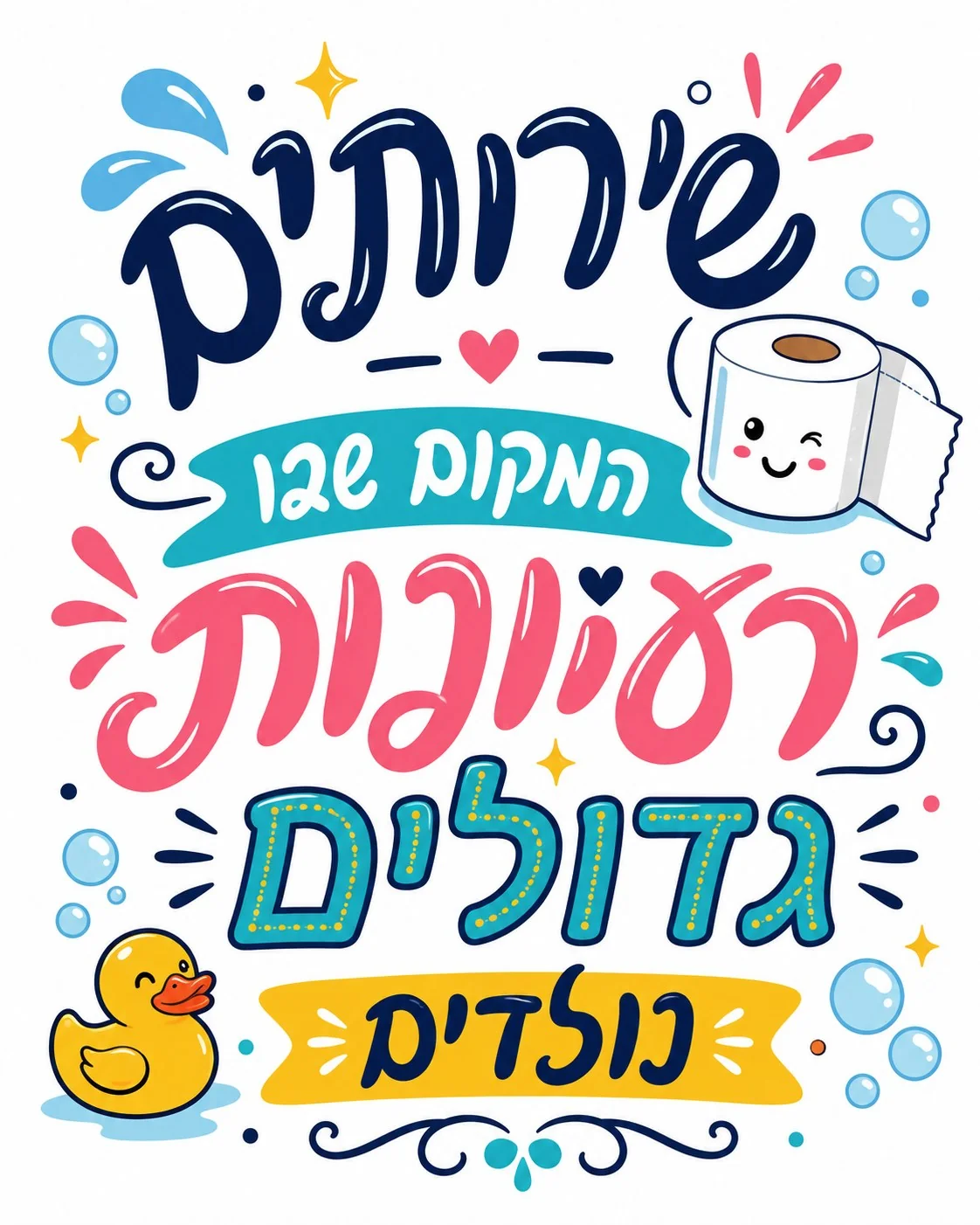 מדבקת עיצוב עם גליל נייר טואלט מחייך וברווז גומי בצבעים כחול, ורוד וצהוב