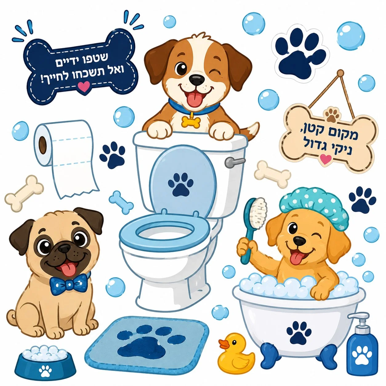מדבקה עם כלבים מצוירים בחדר אמבטיה, בצבעים כחול, לבן וחום, בסגנון שובב וקליל.