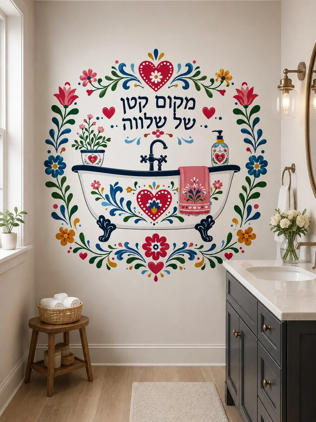 מדבקת אמבטיה עם מוטיבים פרחוניים על קיר בחדר רחצה מעוצב, עם מגבות לבנות ואור טבעי רך.