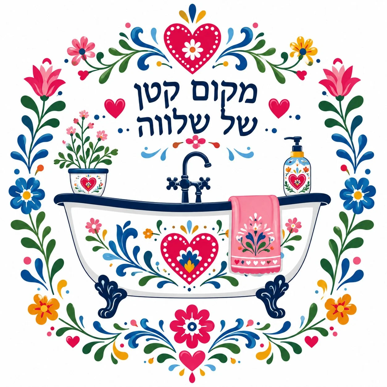 אמבטיה לבנה מעוטרת בעיצובים פרחוניים צבעוניים ולב ורוד, בצבעים ורוד, כחול וירוק, בסגנון עממי