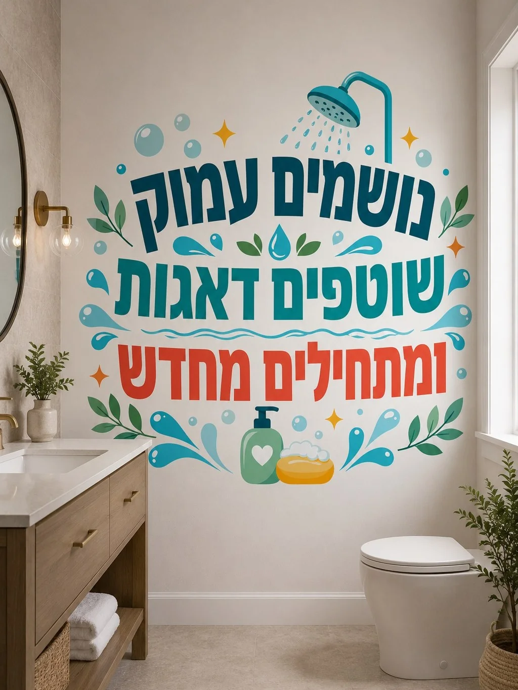 מדבקת אמבטיה עם דימוי של ראש מקלחת, טיפות מים וסבון על קיר חדר האמבטיה עם אריחים לבנים וריצוף אפור.