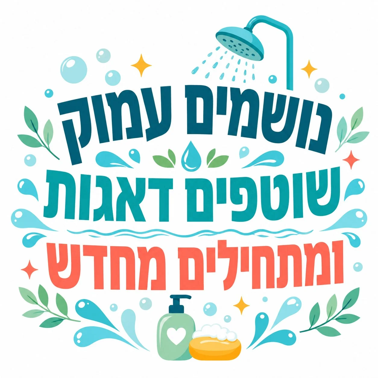 ראש מקלחת עם טיפות מים, סבון ומתקן סבון בצבעים כחול, ירוק וכתום, בעיצוב נקי ומודרני.